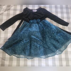 Vintage Girls Elegant Black and Teal Dress with Floral Accents Size 5